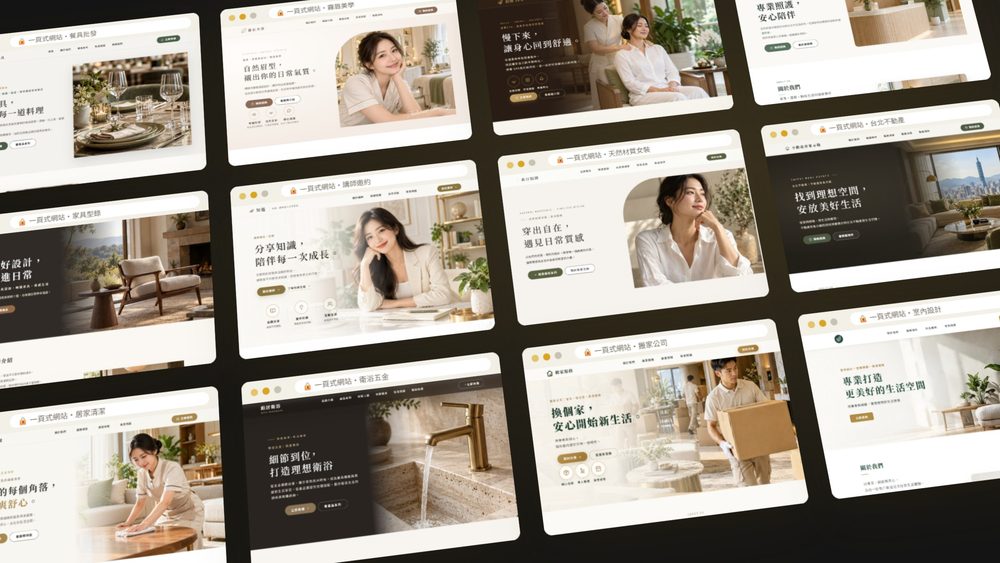 一頁式網站案例：餐具批發、衛浴五金、室內設計、診所、家具型錄、台北不動產、服飾、按摩 SPA、搬家公司、霧眉、講師邀約、居家清潔 12 個產業示範站