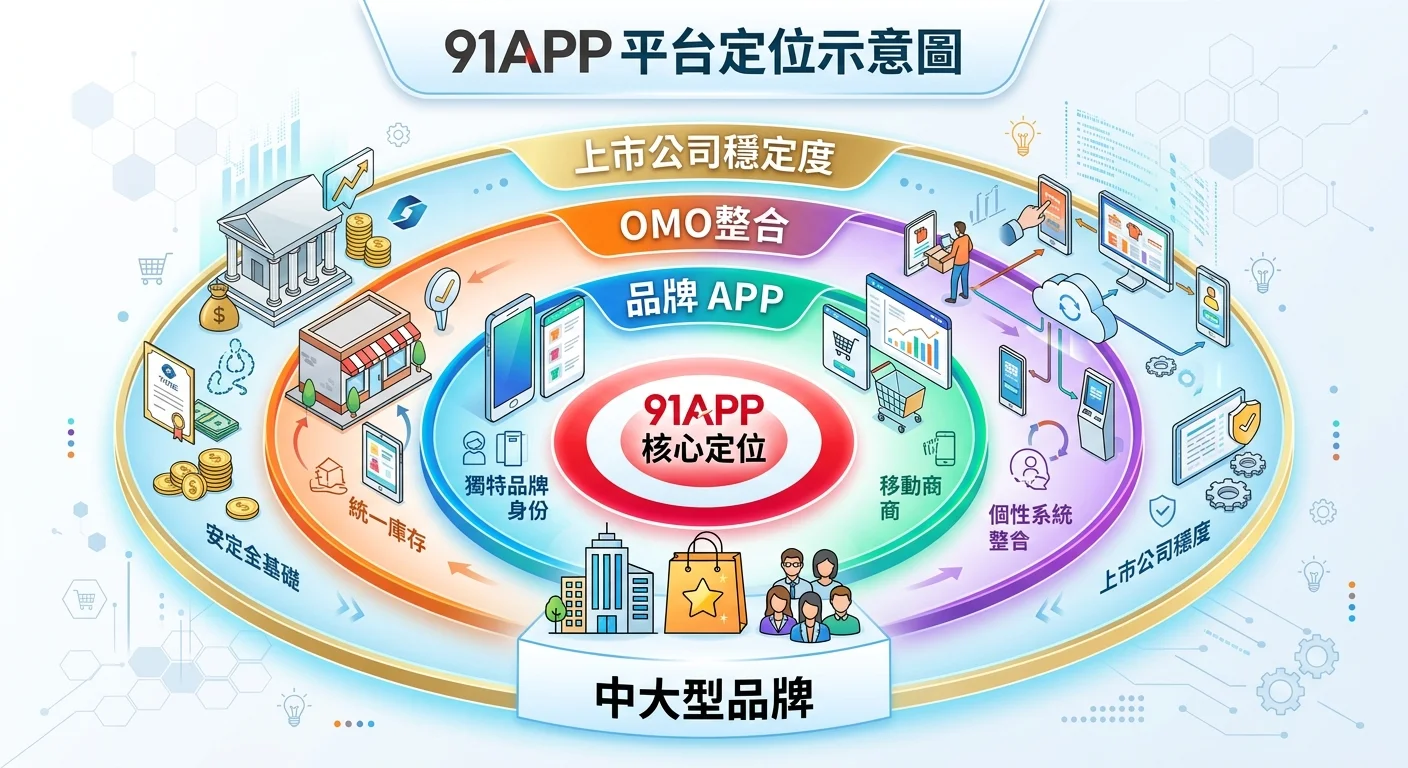 91APP 平台定位示意圖，以目標靶心概念呈現：靶心為「中大型品牌」，外圈標示「品牌 APP」「OMO 整合」「上市公司穩定度」三大特色