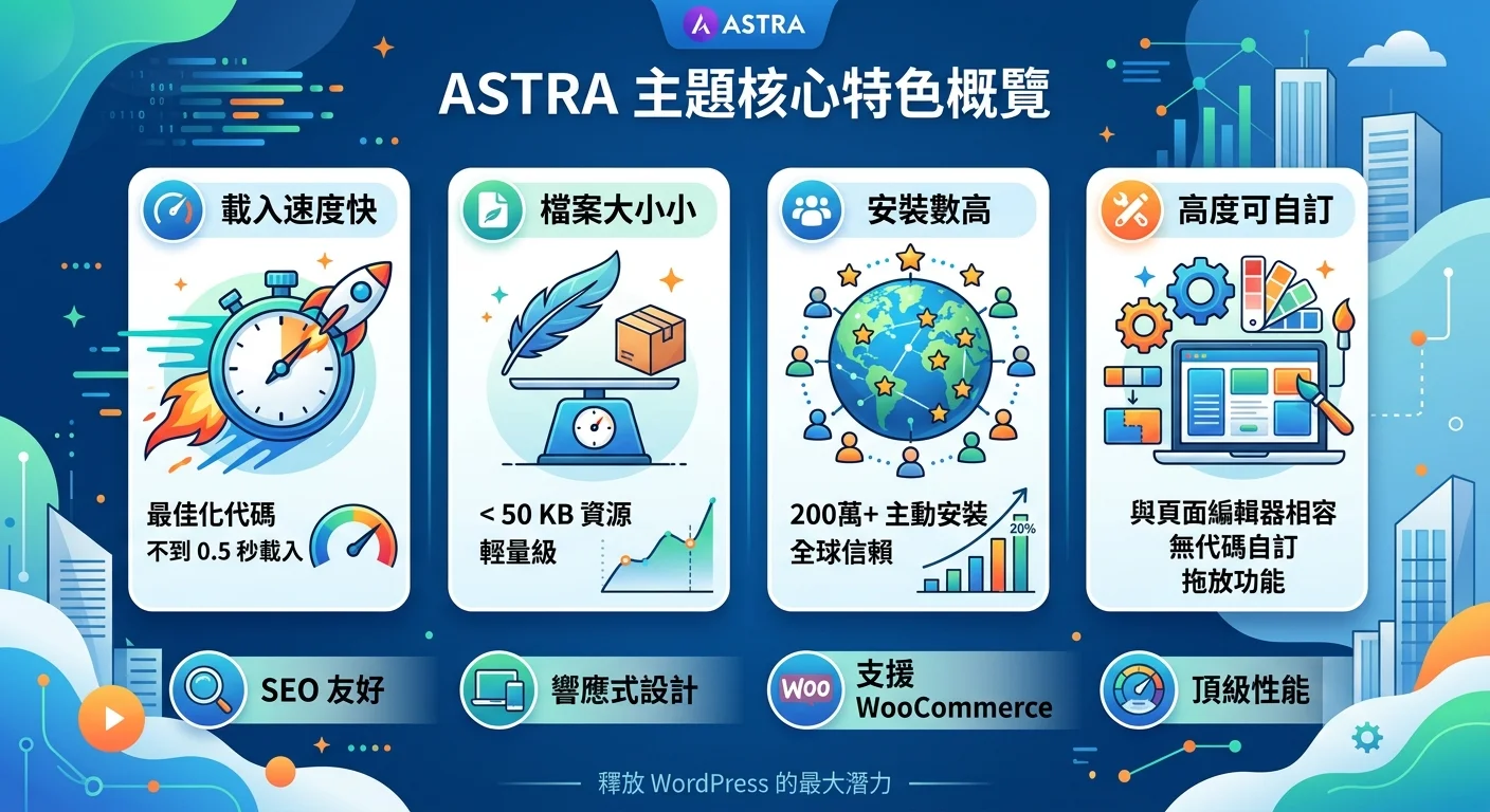 Astra 主題核心特色概覽圖，展示載入速度、檔案大小、安裝數等關鍵數據