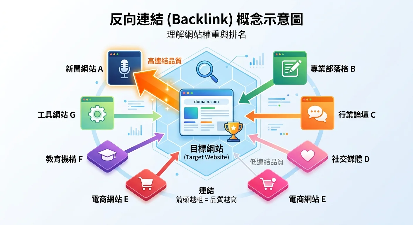 反向連結概念示意圖，多個不同網站（用不同顏色的方塊代表）以箭頭連向中間的一個目標網站，箭頭越粗代表連結品質越高