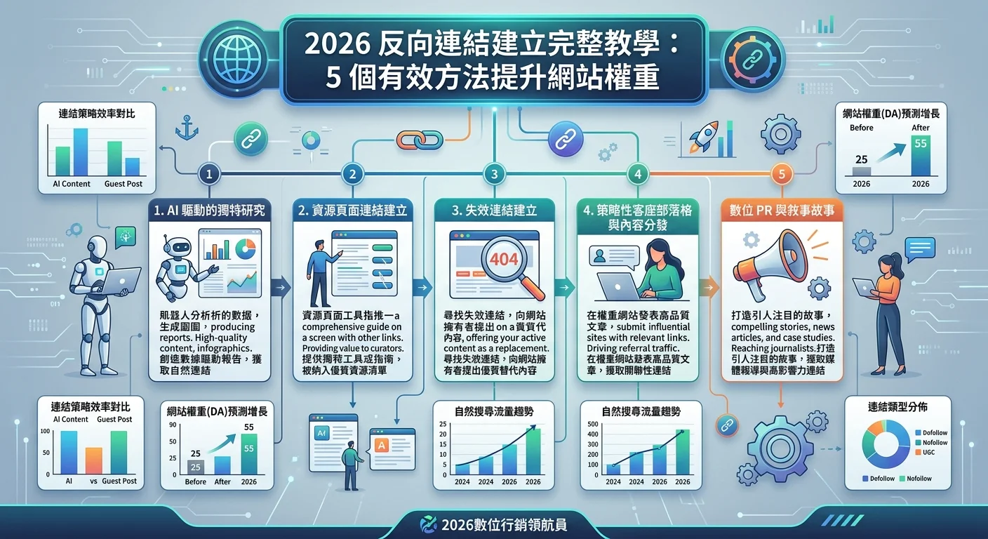 2026 反向連結建立完整教學：5 個有效方法提升網站權重相關的視覺化資訊圖，展示核心概念與數據對比