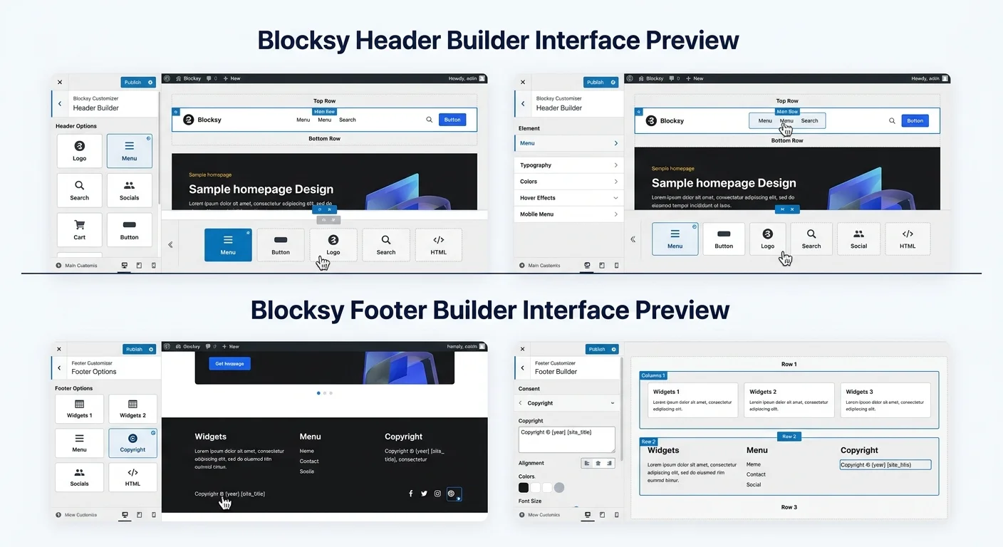 Blocksy 主題核心特色展示圖，Header Builder 和 Footer Builder 的介面預覽