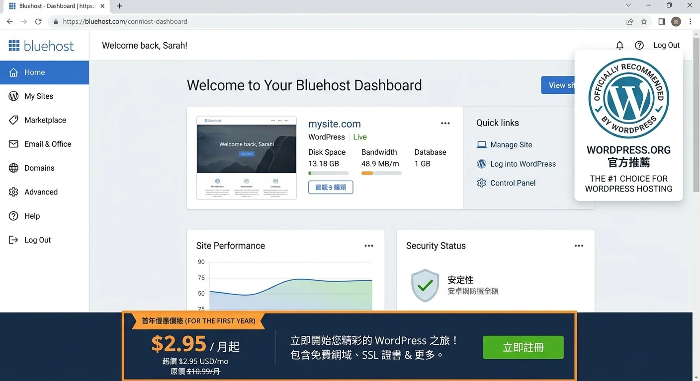 Bluehost 品牌與後台介面，左側為 Bluehost 管理面板，右側標示 WordPress 官方推薦標誌，底部為首年價格標籤