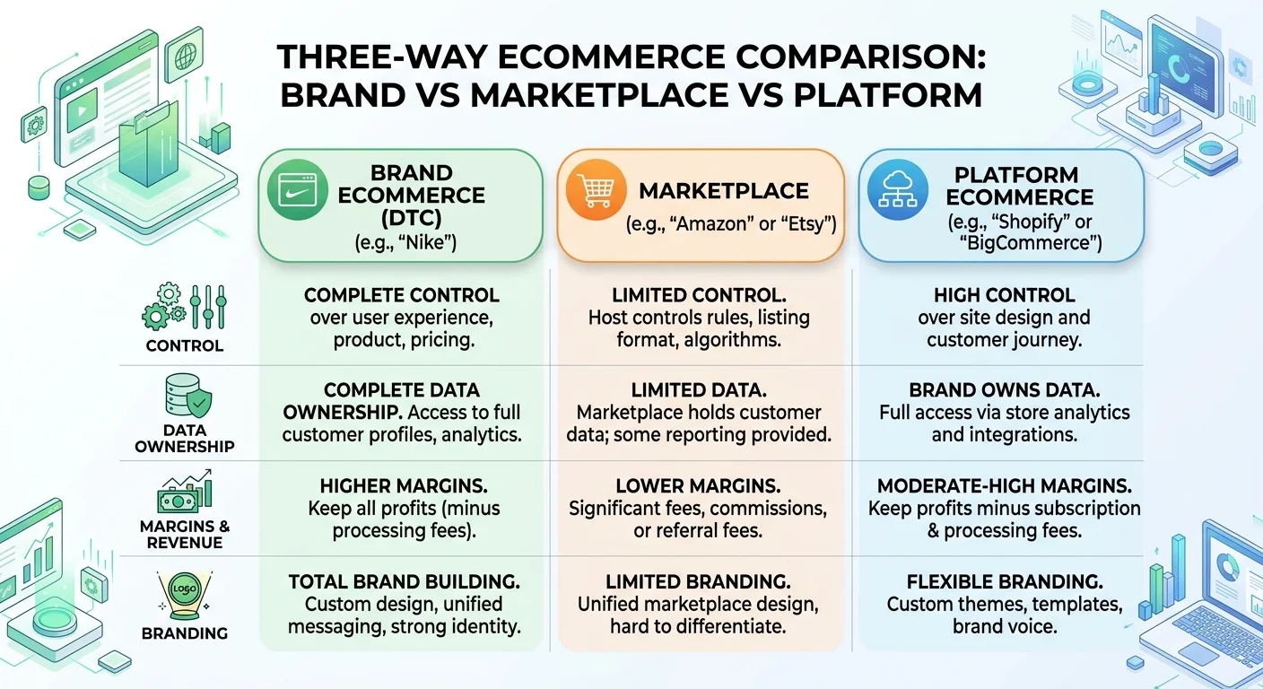 品牌電商 vs 通路電商 vs 平台電商三者差異對照圖