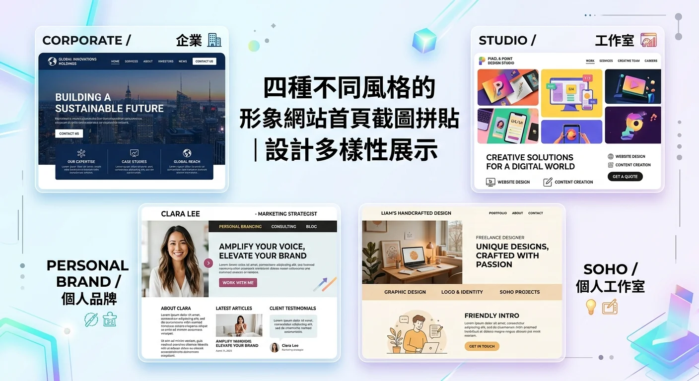 四種不同風格的形象網站首頁截圖拼貼（企業、個人品牌、工作室、SOHO），展示設計多樣性