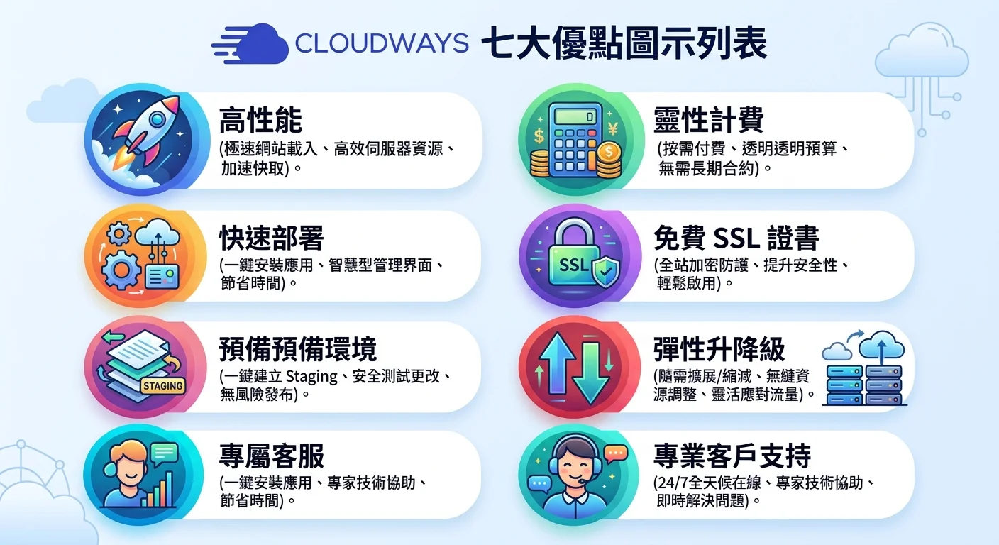 Cloudways 七大優點圖示列表，每個優點配一個對應圖標（火箭=效能、計算機=計費、齒輪=部署、鎖=SSL、複製=Staging、箭頭=升降級、耳機=客服）