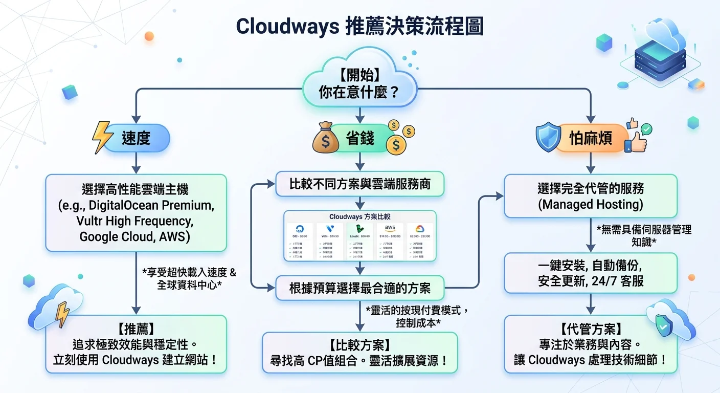Cloudways 推薦決策流程圖，從「你在意什麼？」開始，分支為速度→推薦、省錢→比較方案、怕麻煩→代管方案