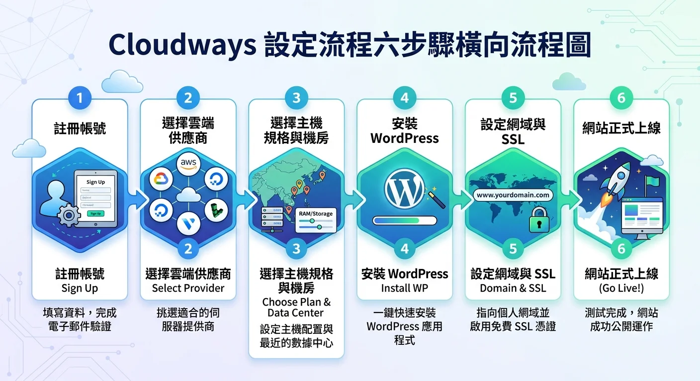 Cloudways 設定流程六步驟橫向流程圖：註冊→選供應商→選機房→安裝WP→設網域→上線，每步驟配圖示