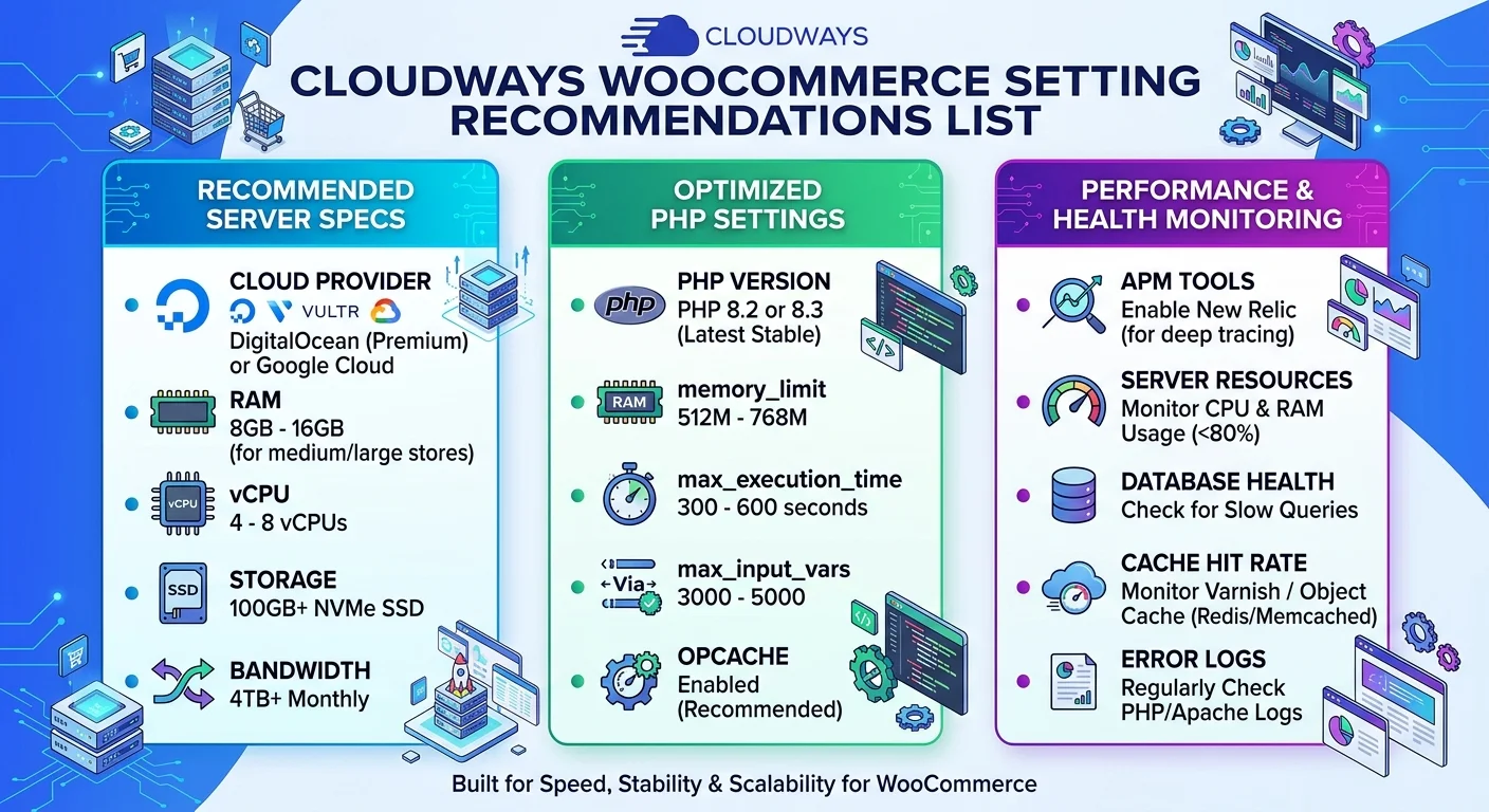 Cloudways WooCommerce 設定建議清單，包含主機規格、PHP設定、效能監控三大區塊，每區塊列出建議數值