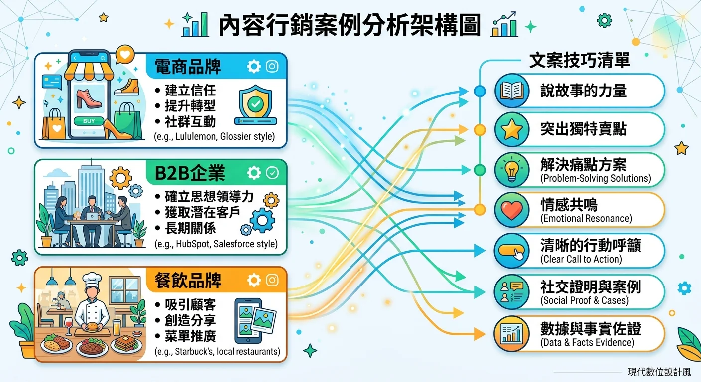 內容行銷案例分析架構圖，左側三個案例卡片（電商品牌、B2B企業、餐飲品牌），右側七個文案技巧清單，中間以箭頭連接