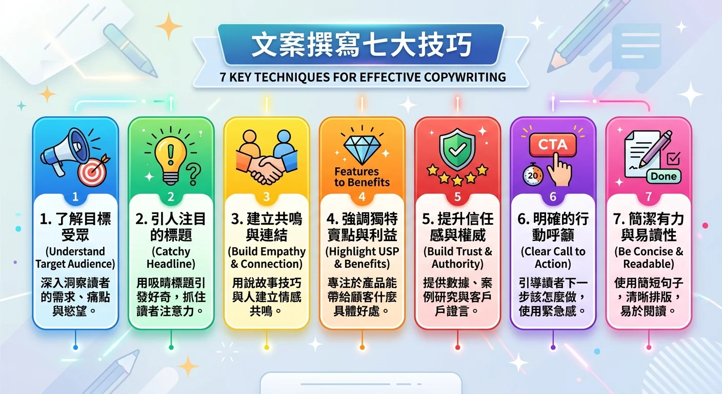 文案撰寫七大技巧圖示，七個卡片分別標示技巧名稱與簡短說明