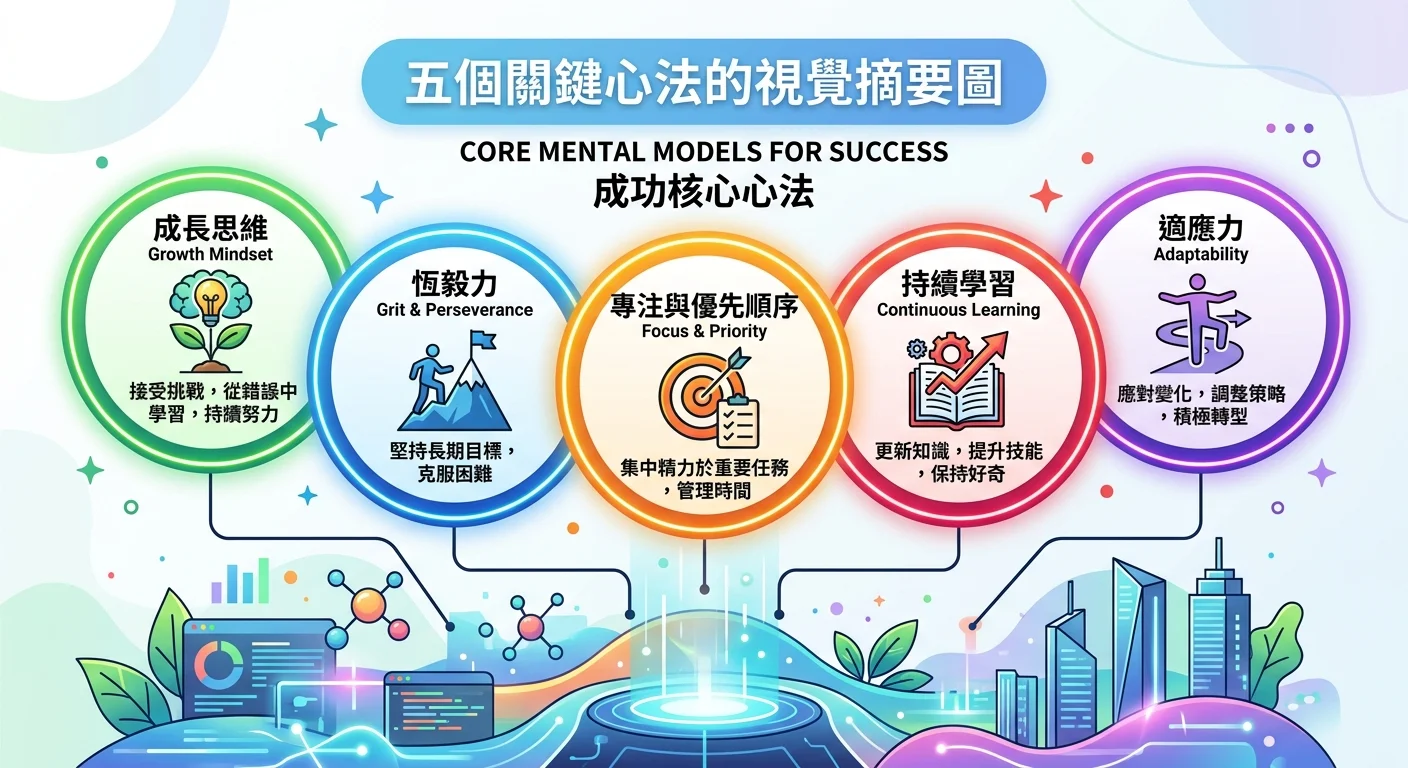 五個關鍵心法的視覺摘要圖，五個圓形圖標排列成半圓形，各自標示核心概念
