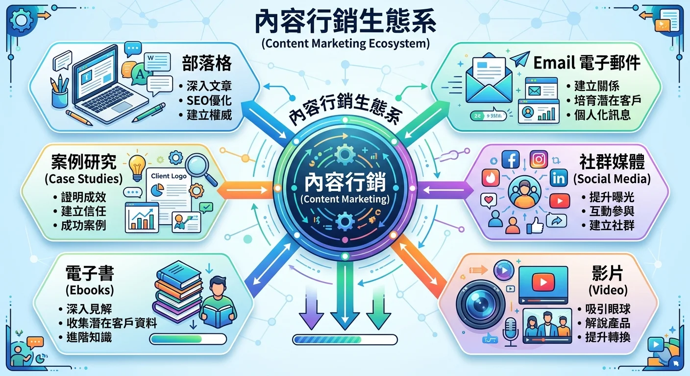 內容行銷生態系資訊圖，中央為「內容行銷」，六條路徑分別連接六大內容形式：部落格、Email、社群、影片、電子書、案例研究