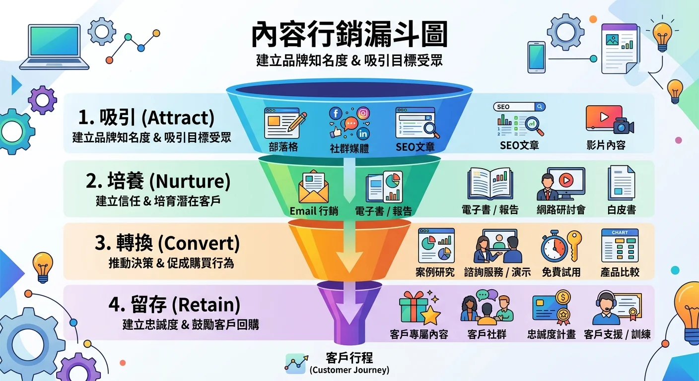內容行銷漏斗圖，由上到下四層：吸引（部落格、社群）→培養（Email、電子書）→轉換（案例研究、諮詢）→留存（客戶內容、社群），每層有對應的內容類型