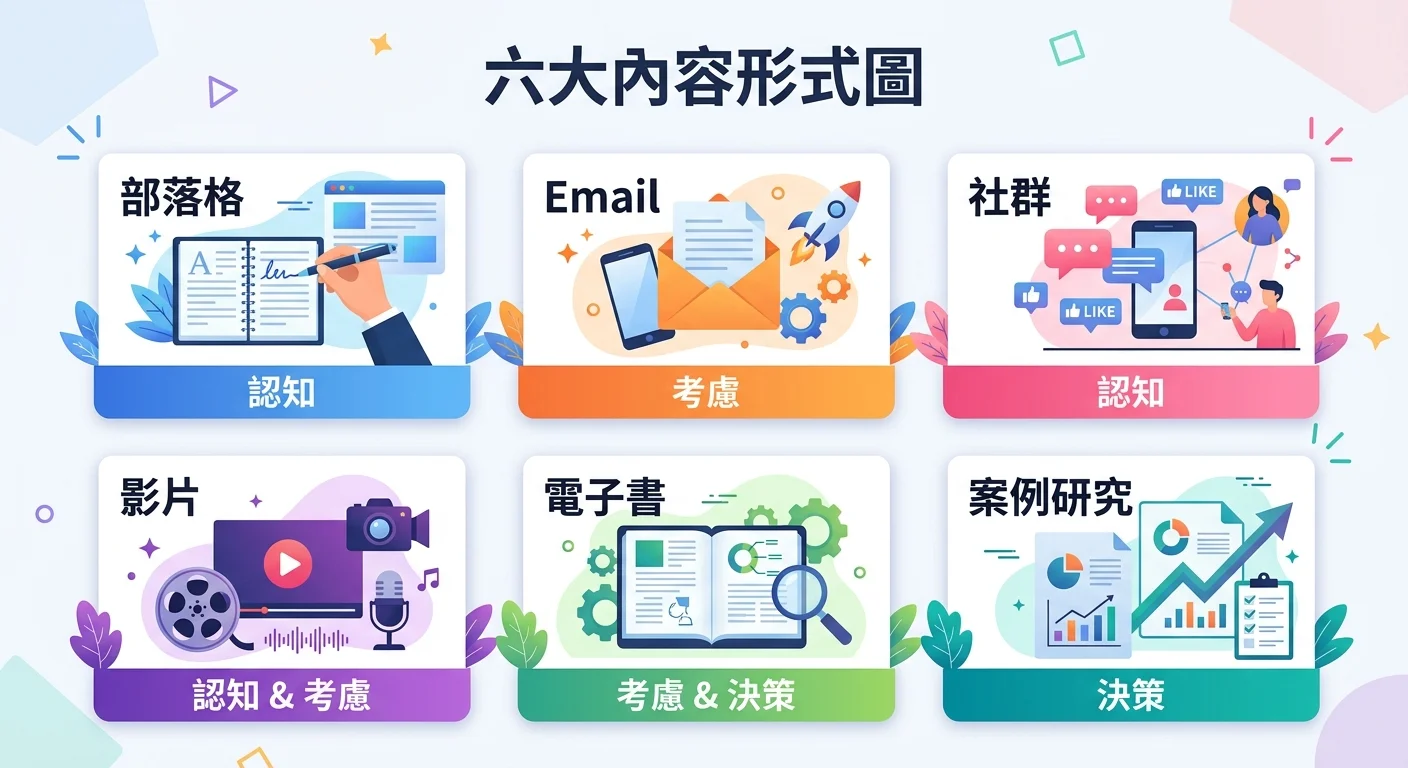 六大內容形式圖，六個卡片分別代表部落格、Email、社群、影片、電子書、案例研究，每個卡片標示最適合的行銷階段（認知/考慮/決策）