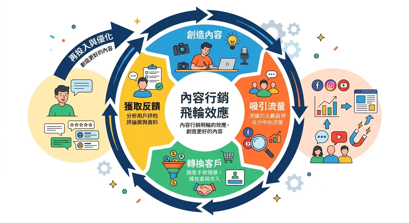內容行銷飛輪效應圖，三個階段形成循環：創造內容→吸引流量→轉換客戶→獲取反饋→創造更好的內容，每個環節有箭頭連接