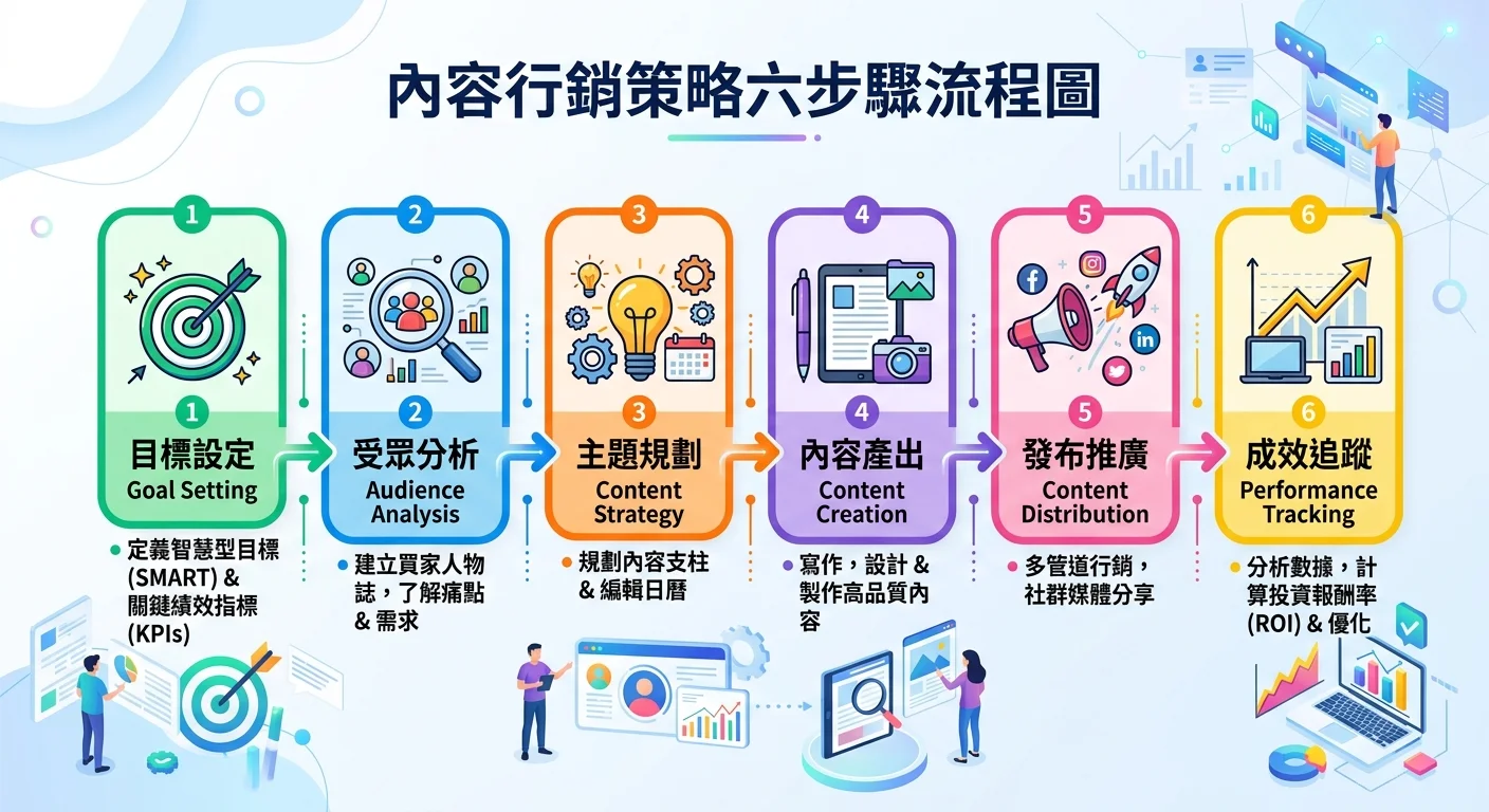 內容行銷策略六步驟流程圖，由左到右：目標設定→受眾分析→主題規劃→內容產出→發布推廣→成效追蹤