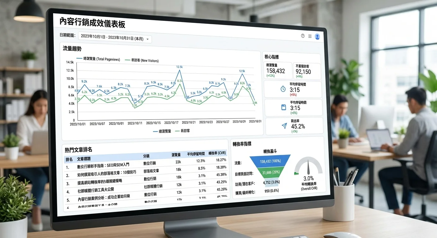 內容行銷成效追蹤儀表板範例，包含流量趨勢、Top 5 文章、轉換率等指標