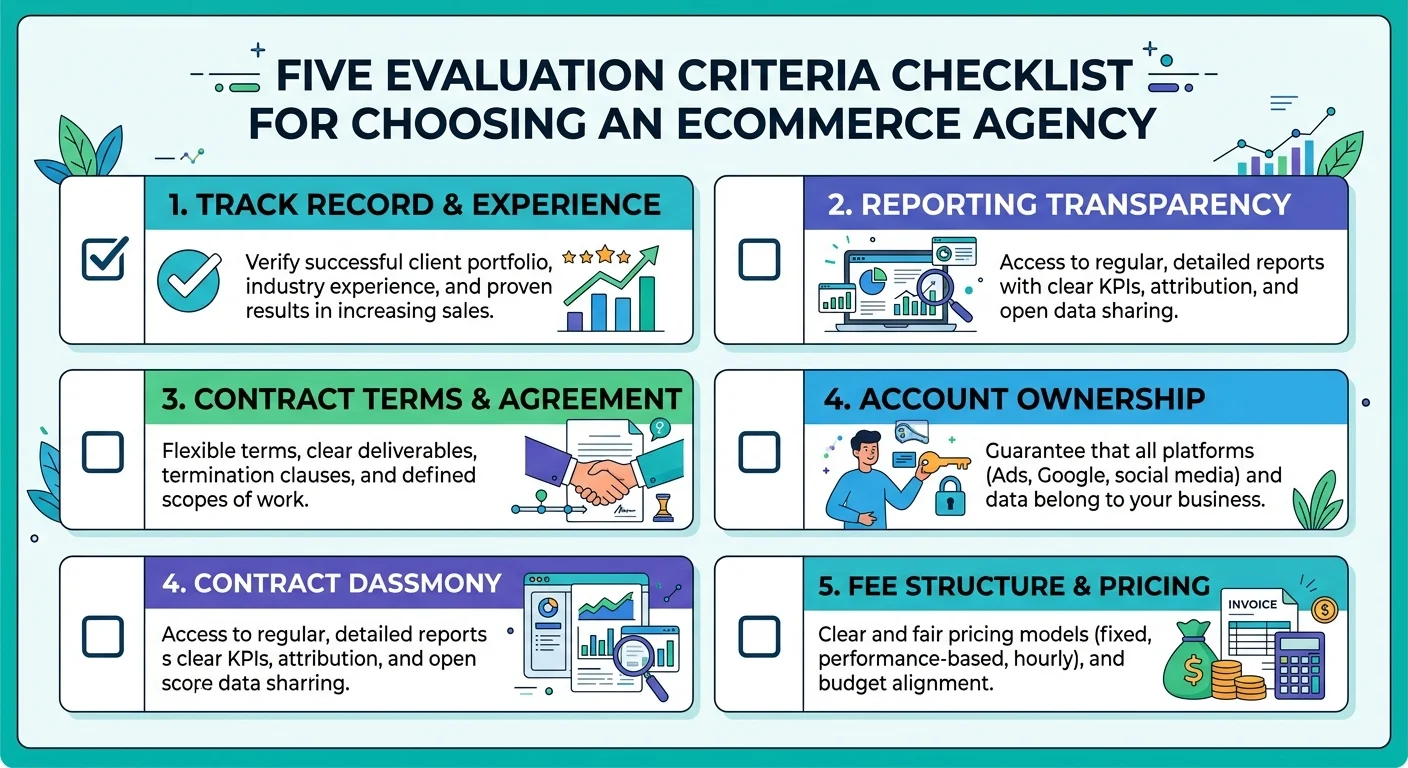 選擇代操公司的五大評估標準檢查清單，五個項目依序排列：實績經驗、報告透明、合約機制、帳號所有權、費用結構，每項有勾選框和簡短說明