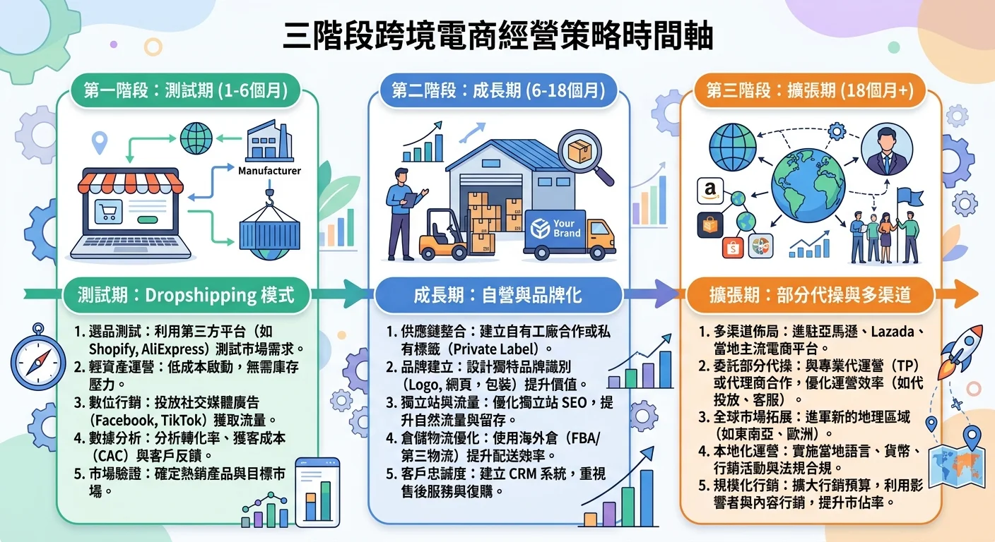 三階段跨境電商經營策略時間軸，由左到右三個階段：測試期（Dropshipping圖示）→成長期（自營圖示）→擴張期（部分代操圖示），下方有各階段的關鍵行動項目