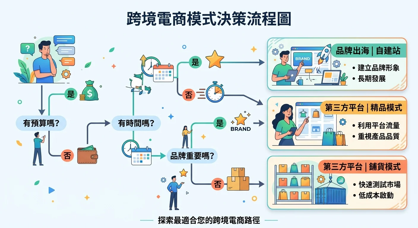跨境電商模式決策流程圖，以問答方式引導讀者：有預算嗎？→有時間嗎？→品牌重要嗎？最終指向三種模式的建議