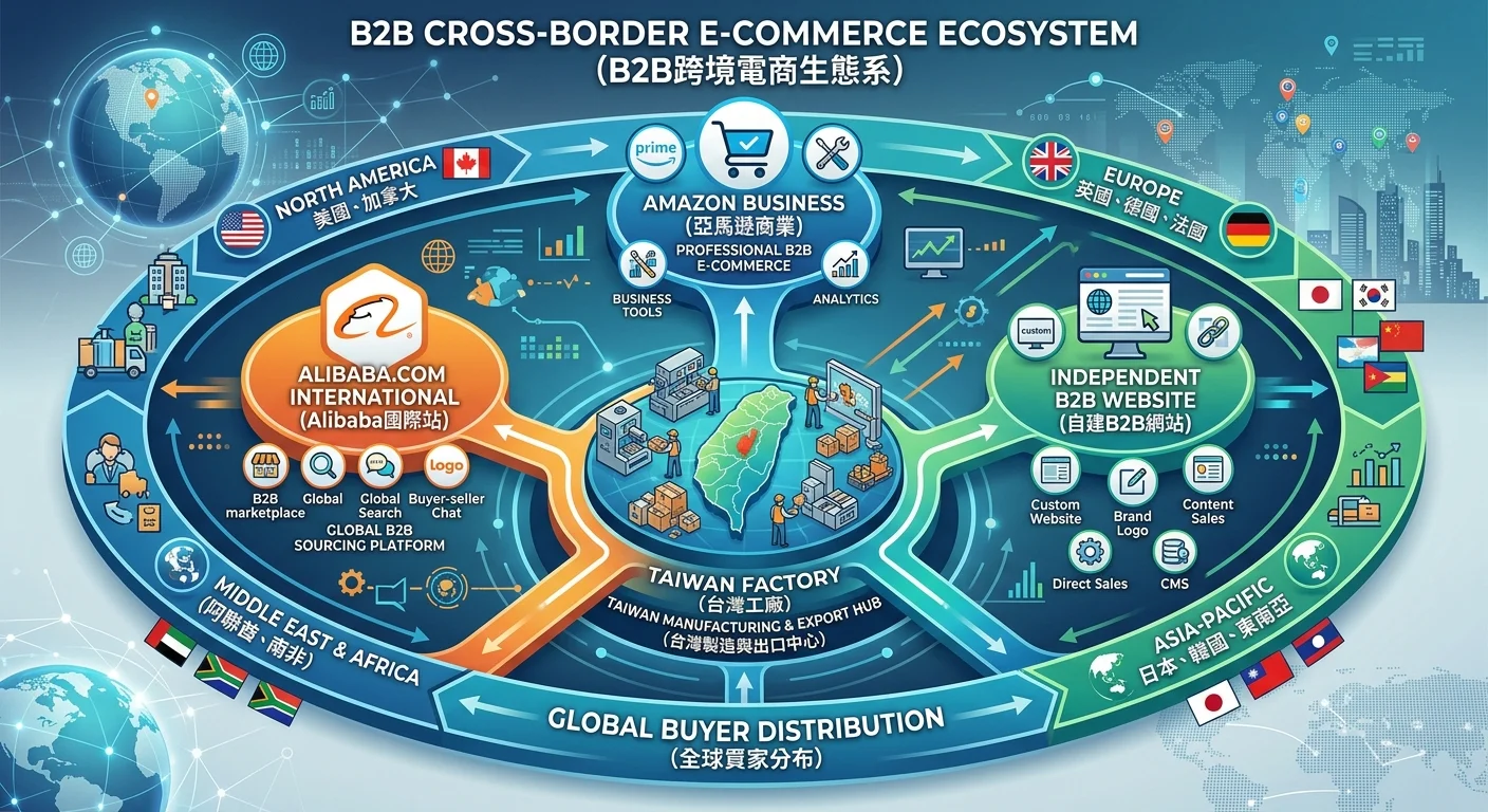 B2B跨境電商生態系資訊圖，中央為台灣工廠圖示，向外延伸三條路徑分別連接Alibaba國際站、Amazon Business、自建B2B網站，外圈標示全球買家分布