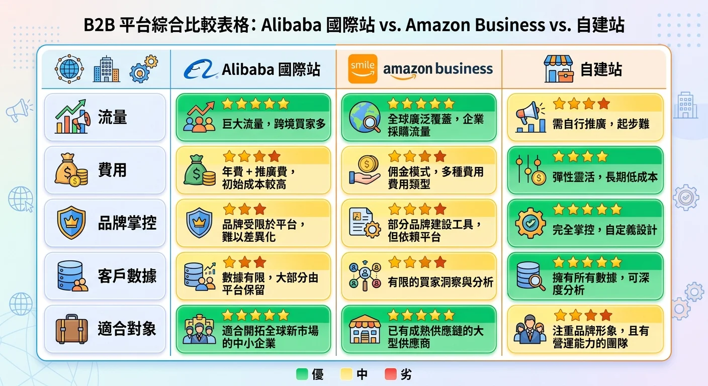 B2B平台比較表格圖，三欄分別為Alibaba國際站、Amazon Business、自建站，比較流量、費用、品牌掌控、客戶數據、適合對象五個維度，用星星或顏色塊表示優劣