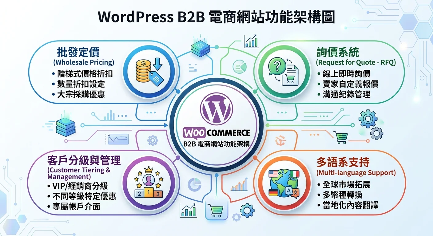 WordPress B2B 電商網站功能架構圖，中央為WooCommerce標誌，四周環繞批發定價、詢價系統、多語系、客戶分級四個功能模組，每個模組有簡易圖示和2-3個功能描述