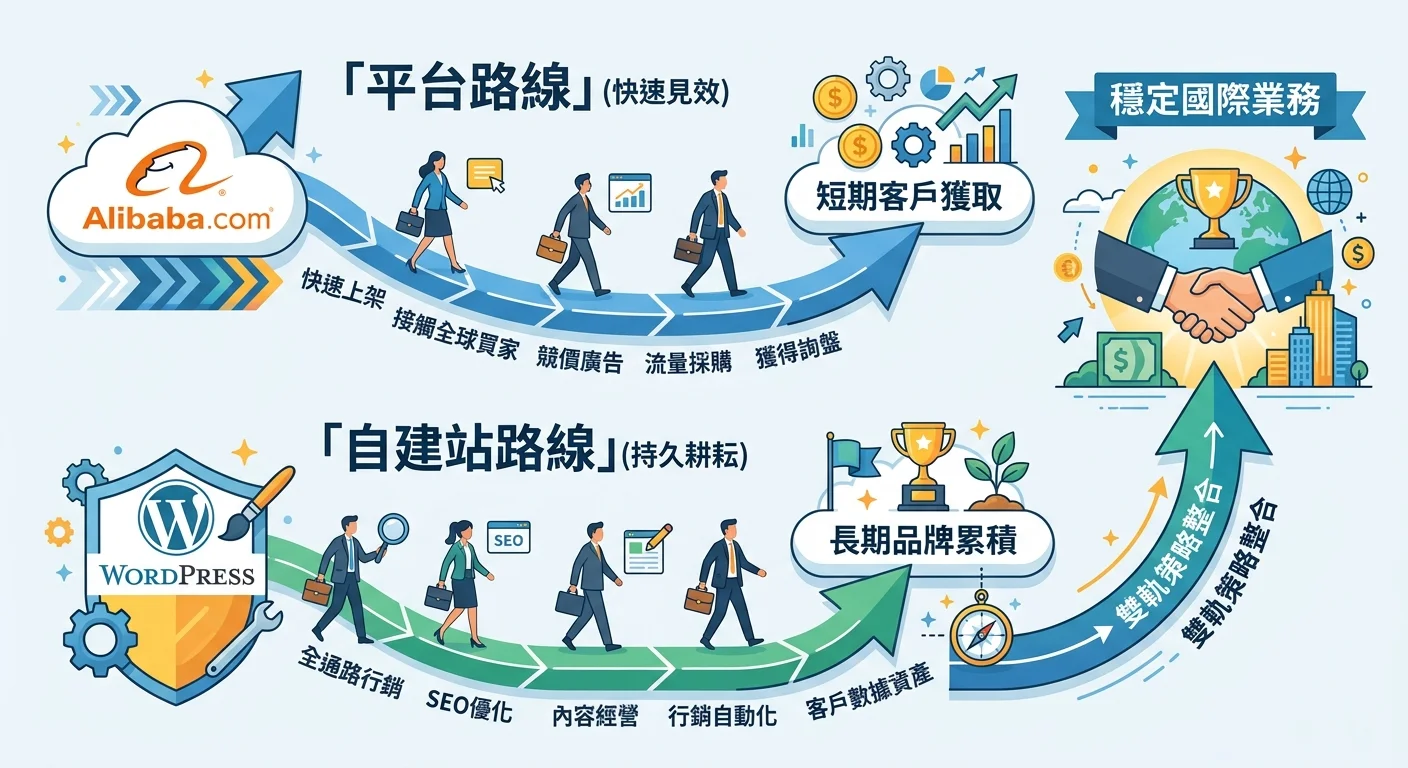 B2B跨境電商雙軌策略示意圖，上方是「平台路線」（Alibaba→短期客戶獲取），下方是「自建站路線」（WordPress→長期品牌累積），兩條路線在右側匯合為「穩定國際業務」