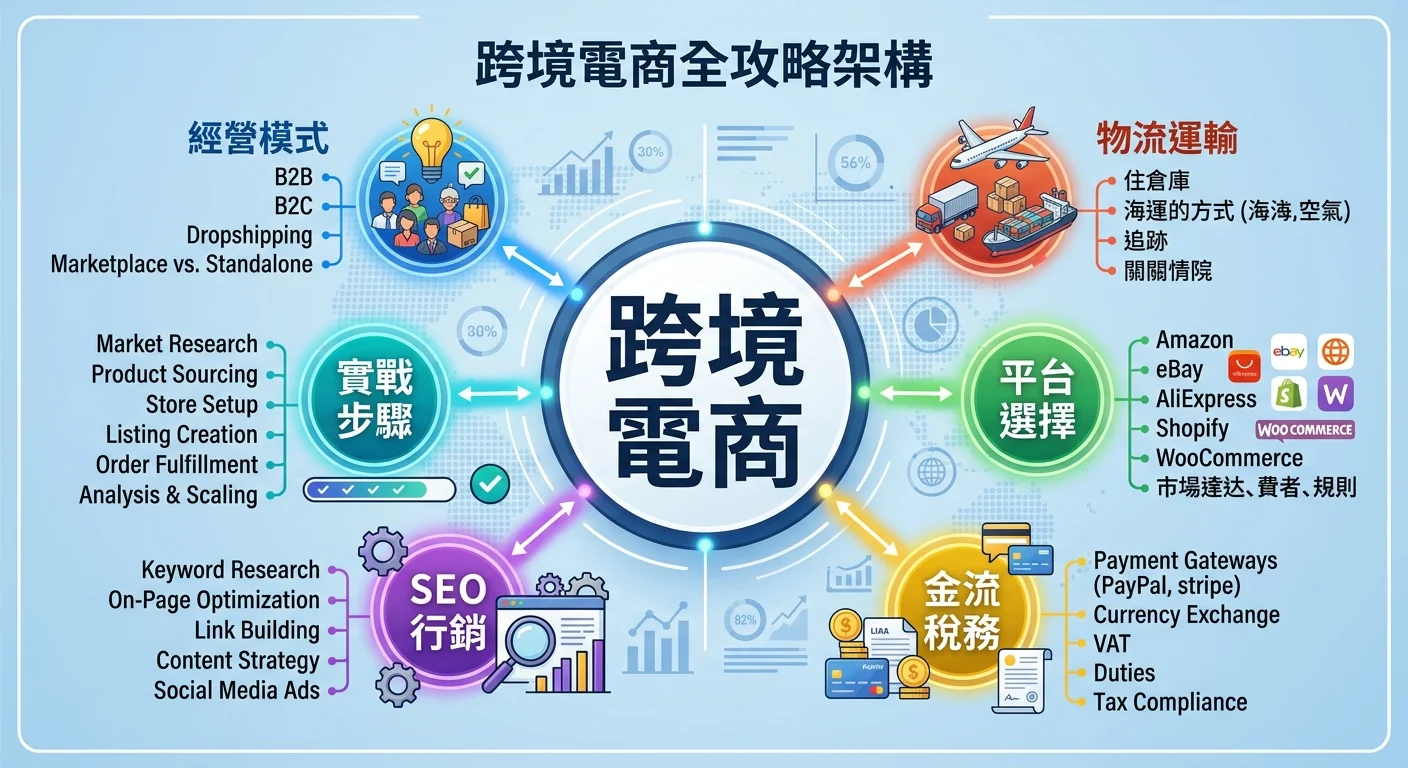 跨境電商全攻略架構資訊圖，中央為「跨境電商」四個大字，周圍放射狀排列六大主題：經營模式、物流運輸、平台選擇、金流稅務、SEO行銷、實戰步驟，各用不同顏色圖示區分，底色為淺藍漸層