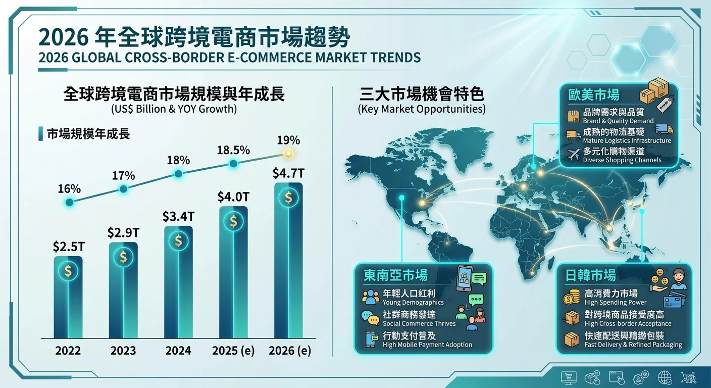 2026年全球跨境電商市場趨勢圖，左側為柱狀圖顯示市場規模年成長，右側用世界地圖標示三大市場（東南亞、歐美、日韓）的機會特色，配色使用商務藍綠色調