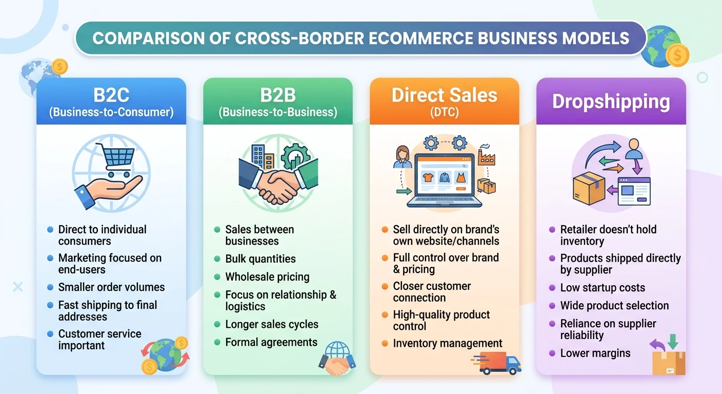 四大跨境電商經營模式比較圖，四個方塊分別代表 B2C、B2B、直銷/代購、Dropshipping，每個方塊內有簡易圖示和2-3個關鍵特性標籤，下方有適合對象說明，配色用四種柔和對比色