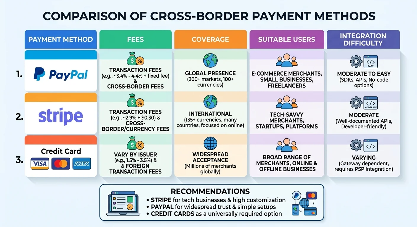 跨境電商金流比較表格圖，三欄分別是 PayPal、Stripe、信用卡，比較手續費、覆蓋範圍、適合對象、整合難度，用圖示和色塊呈現，底部有「建議組合」提示框