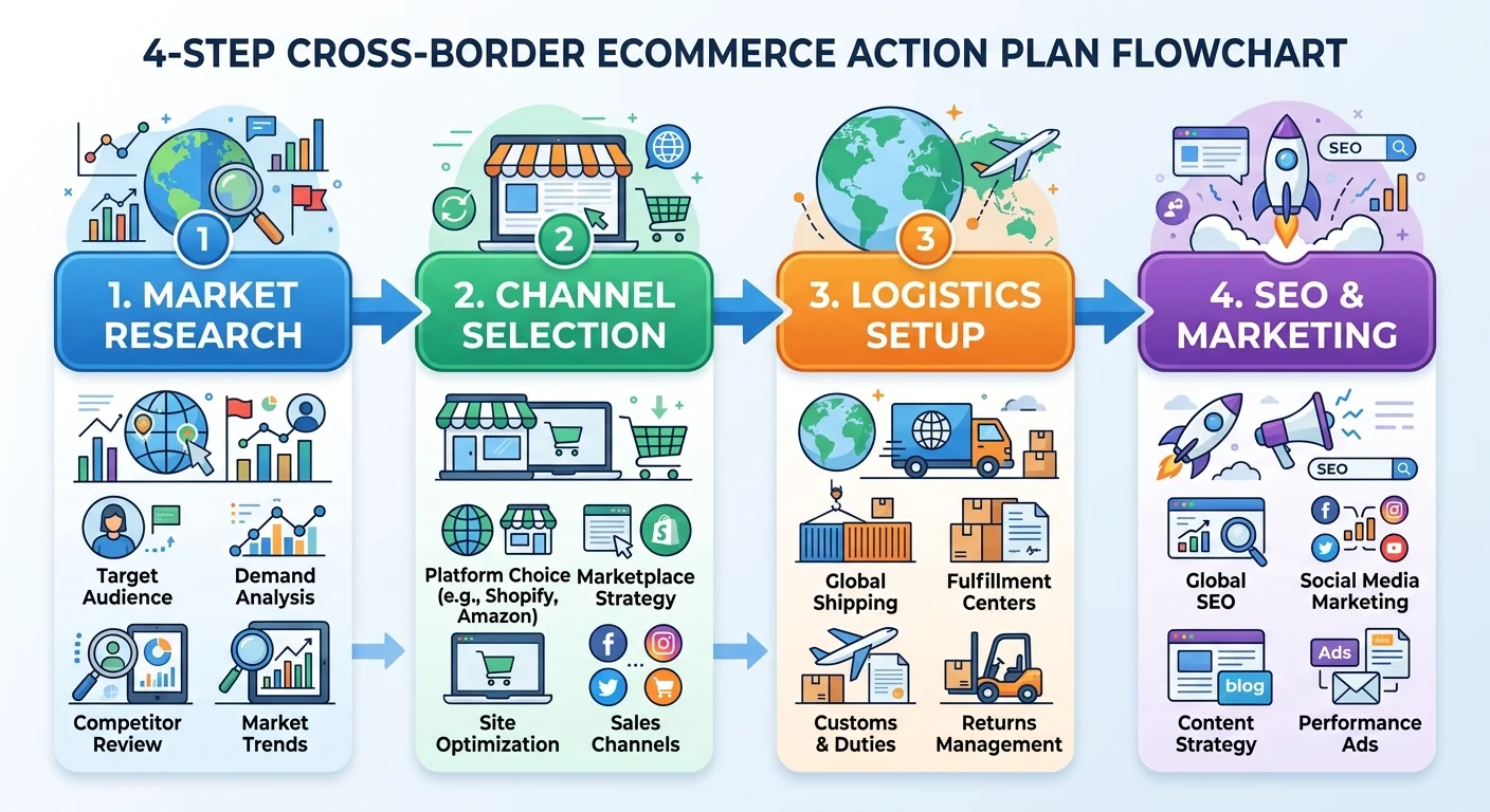 跨境電商四步驟實戰流程圖，從左到右排列四個步驟：市場調查選品→選擇渠道架站→物流金流串接→SEO行銷推廣，每個步驟用箭頭連接，下方有2-3個小圖示代表關鍵行動項目