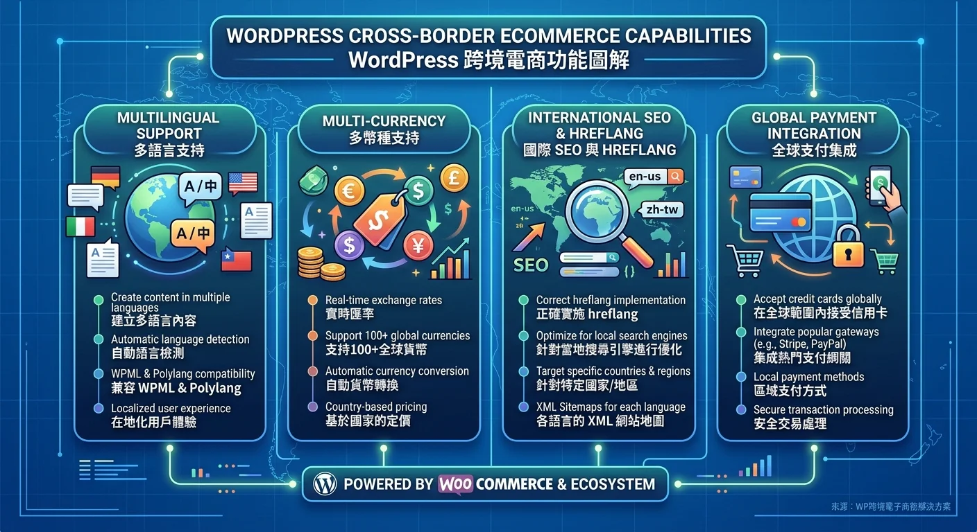WordPress 跨境電商功能示意圖