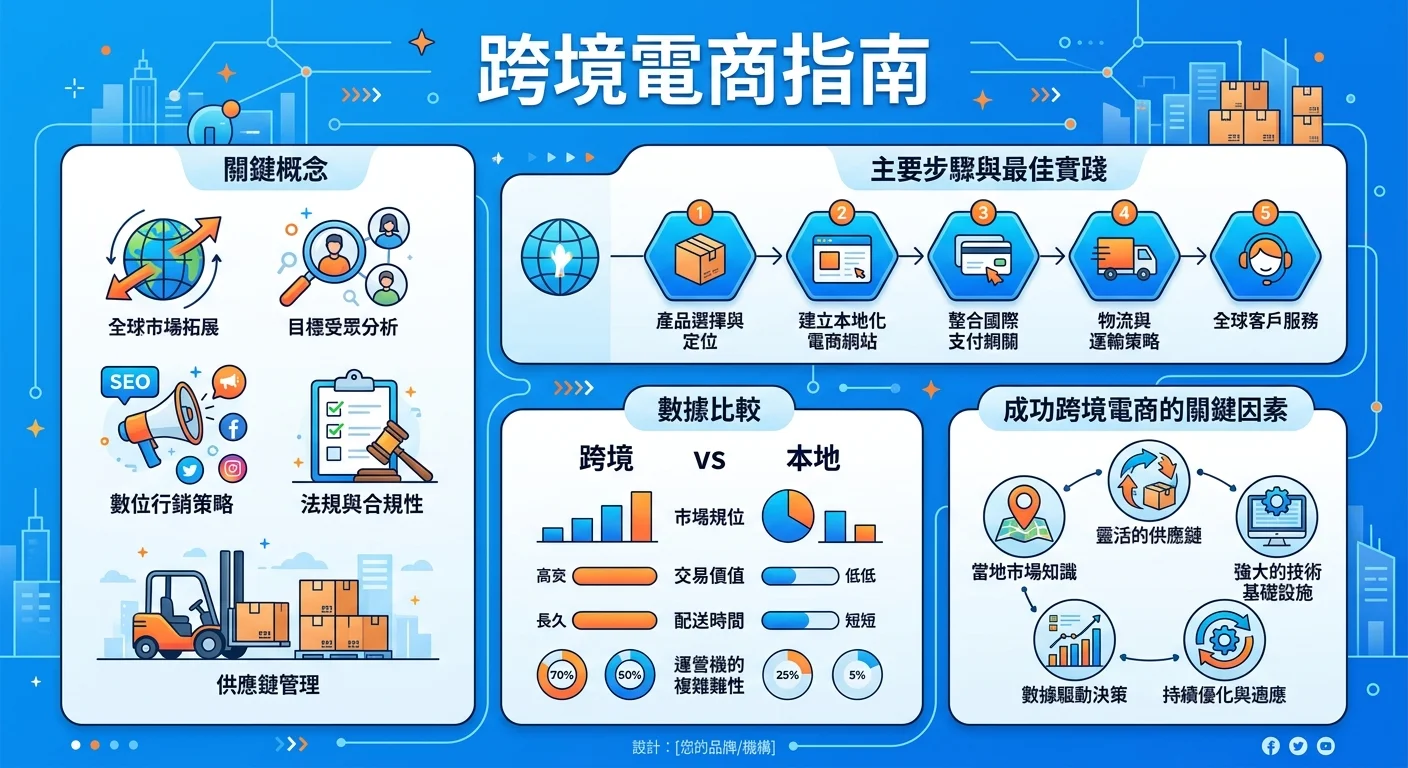 跨境電商是什麼？2026 入門指南：平台選擇、物流與金流完整攻略相關的視覺化資訊圖，展示核心概念與數據對比