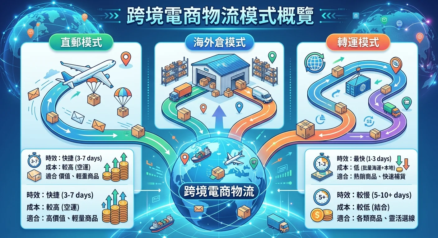 跨境電商物流概覽資訊圖，中央為地球圖示，三條路徑分別指向直郵、海外倉、轉運三種模式，每種模式下方有時效和成本的簡易指標