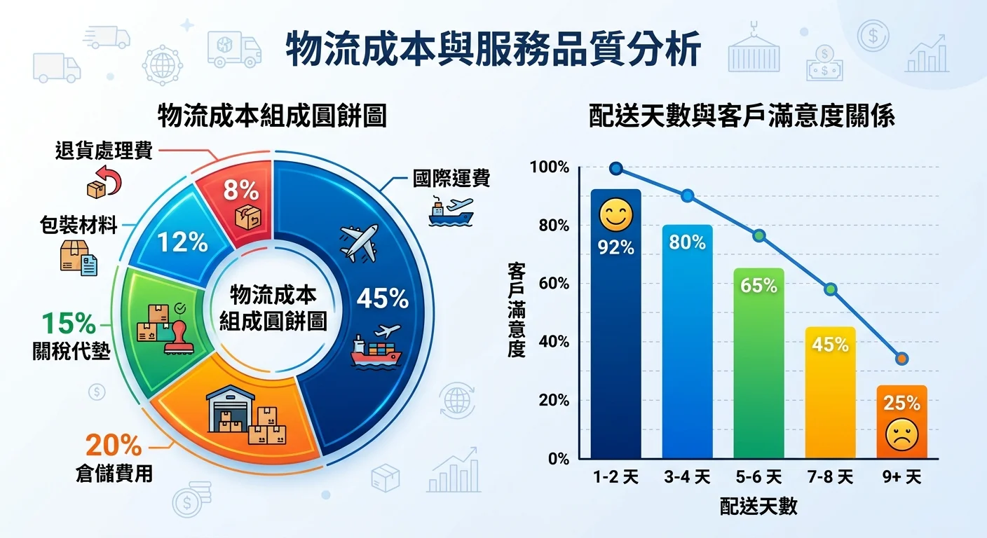 物流成本組成圓餅圖，分為五個區塊：國際運費（最大）、倉儲費用、包裝材料、關稅代墊、退貨處理費，旁邊附上一個柱狀圖顯示配送天數與客戶滿意度的關係