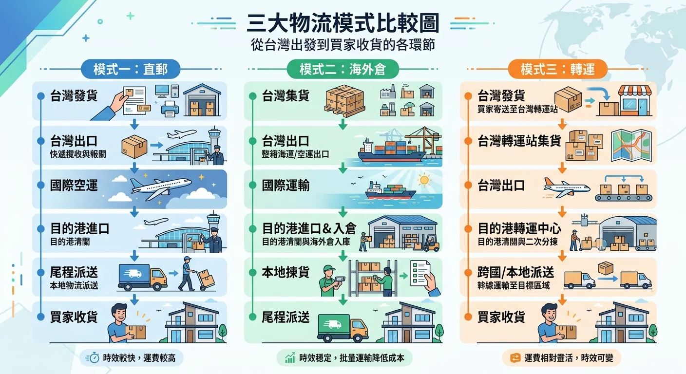 三大物流模式比較圖，三個並排的流程圖分別展示直郵、海外倉、轉運的運作流程，從台灣出發到買家收貨的各環節，用不同顏色區分三種模式