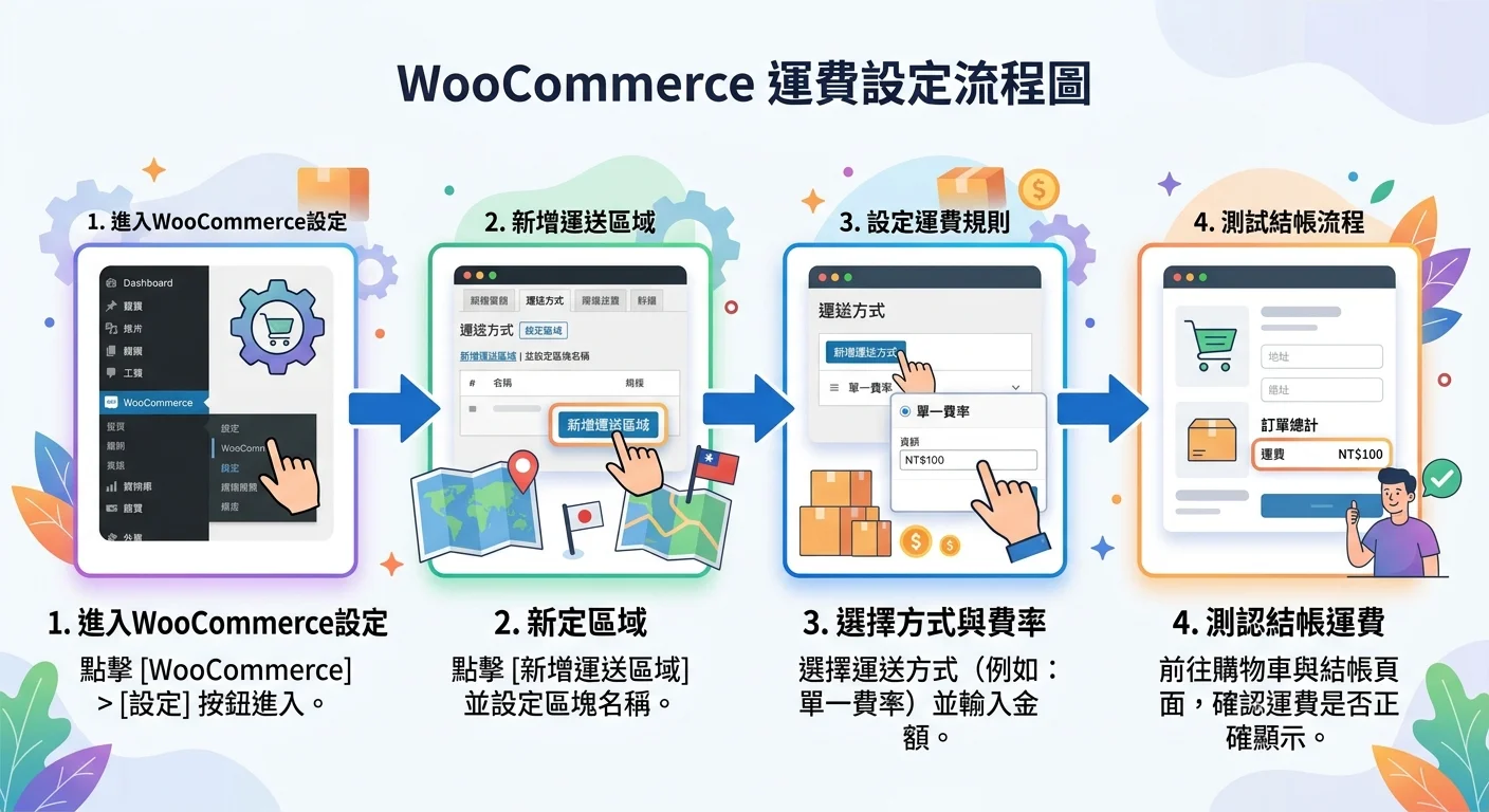 WooCommerce 運費設定流程圖，從左到右四個步驟：進入WooCommerce設定→新增運送區域→設定運費規則→測試結帳流程，每步驟有簡化的螢幕截圖示意