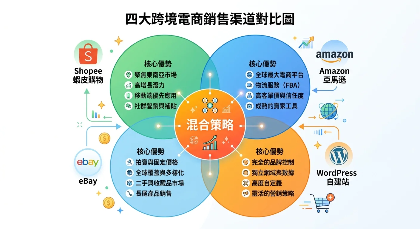 四大跨境電商銷售渠道對比圖，四個圓圈分別代表Shopee、Amazon、eBay、WordPress自建站，中央交叉處標示「混合策略」，每個圓圈標示核心優勢