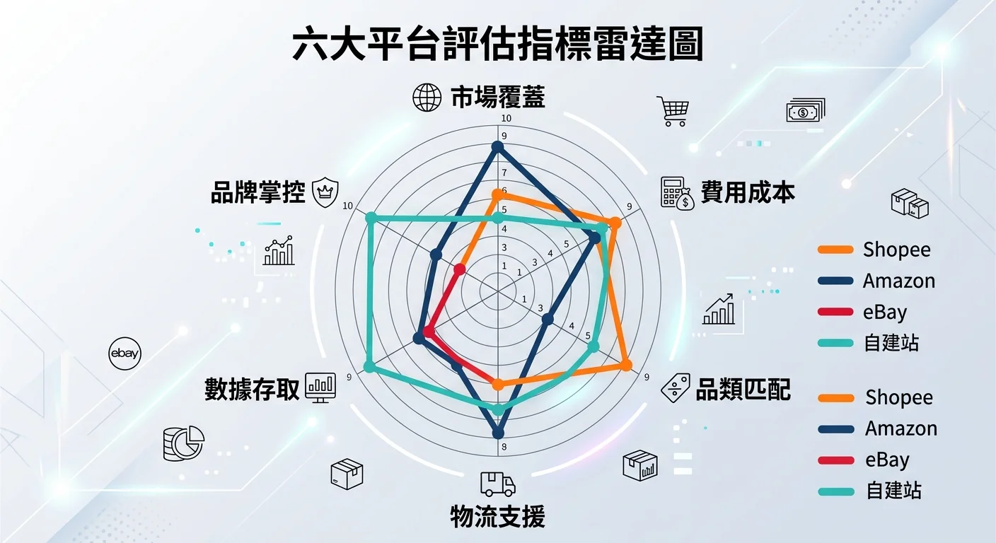 六大平台評估指標的雷達圖，六個軸分別是市場覆蓋、費用成本、品類匹配、物流支援、數據存取、品牌掌控，四條線分別代表Shopee、Amazon、eBay、自建站的得分