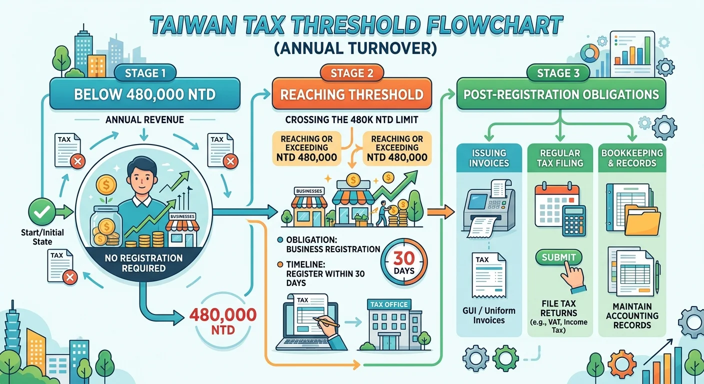 48萬稅務門檻說明流程圖，由左到右三個階段：未達門檻（免登記）→達到48萬（30天內登記）→登記後義務（開發票、報稅），每階段有關鍵數字標註