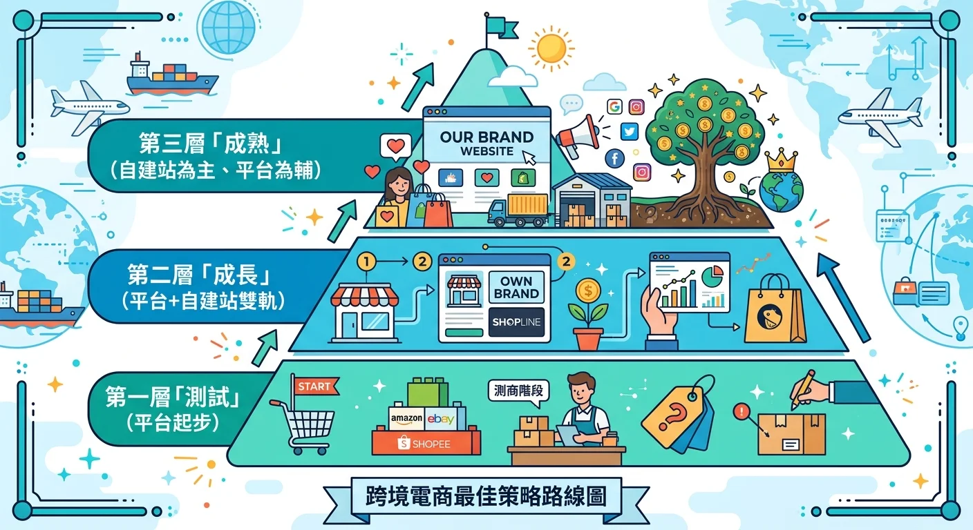 跨境電商最佳策略路線圖，由下往上三個層次：第一層「測試」（平台起步），第二層「成長」（平台+自建站雙軌），第三層「成熟」（自建站為主、平台為輔），金字塔造型