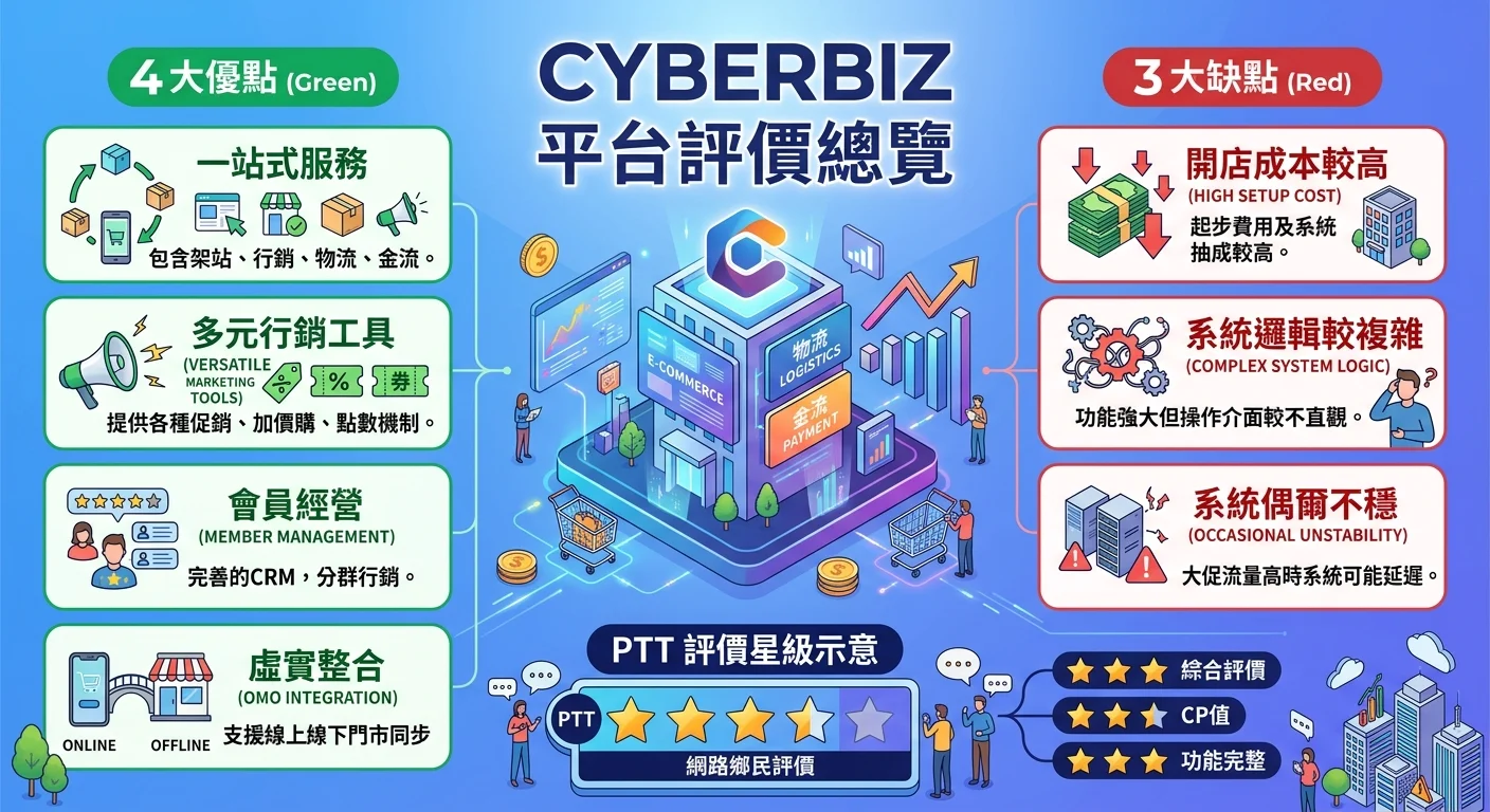 Cyberbiz 平台評價總覽圖，中央為 Cyberbiz 品牌色系的平台示意，左側列出 4 大優點（綠色），右側列出 3 大缺點（紅色），底部有 PTT 評價星級示意