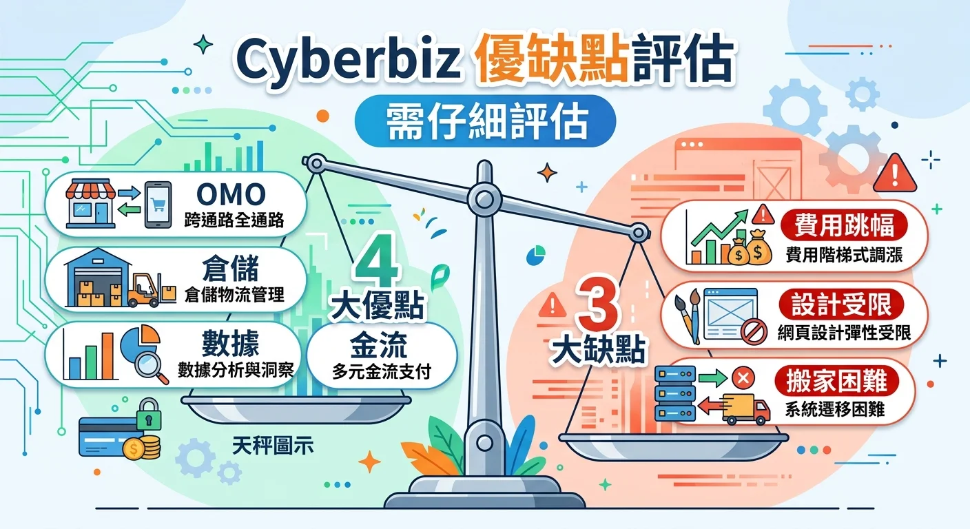 天秤圖示，左側放 Cyberbiz 4 大優點（OMO、倉儲、數據、金流），右側放 3 大缺點（費用跳幅、設計受限、搬家困難），天秤微微傾向缺點側，暗示需要仔細評估