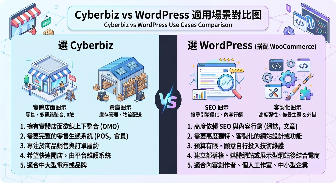 Cyberbiz vs WordPress 適用場景對比圖，左側「選 Cyberbiz」搭配實體店面圖示和倉庫圖示，右側「選 WordPress」搭配 SEO 圖示和客製化圖示，中間以 VS 分隔