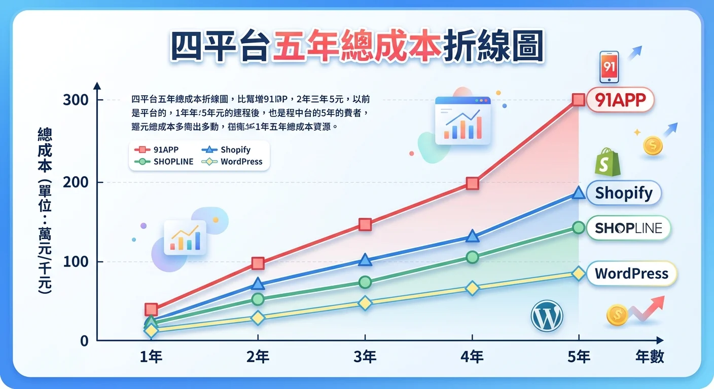 四平台五年總成本折線圖，橫軸為年數（1-5 年），四條折線分別代表四個平台，91APP 最高、WordPress 最低，差距隨時間拉大