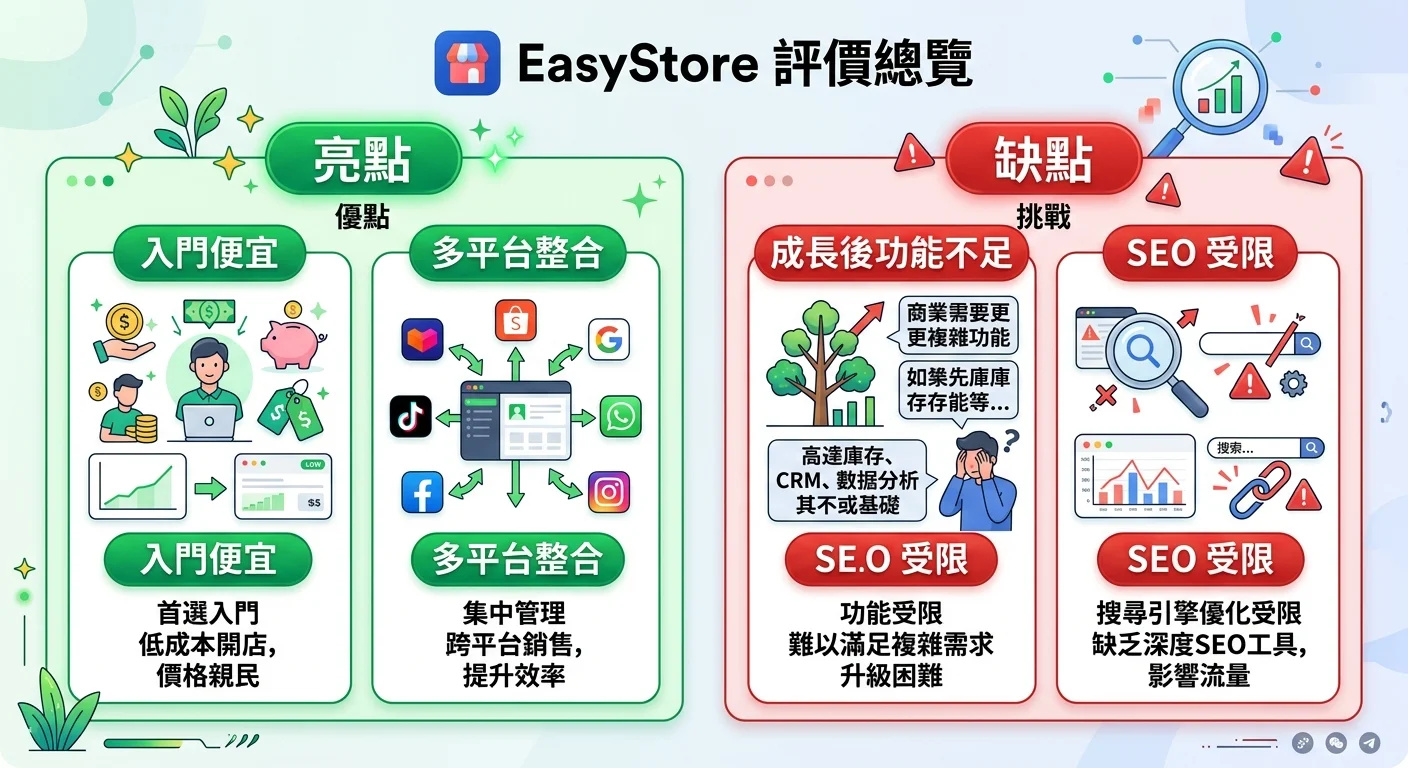 EasyStore 評價總覽，呈現「入門便宜」「多平台整合」兩大亮點搭配綠色標示，以及「成長後功能不足」「SEO 受限」兩大缺點搭配紅色標示