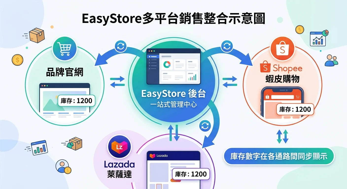 EasyStore 多平台銷售整合示意圖，中央為 EasyStore 後台，周圍以箭頭連接官網、蝦皮、Lazada 三個銷售通路，庫存數字在各通路間同步顯示